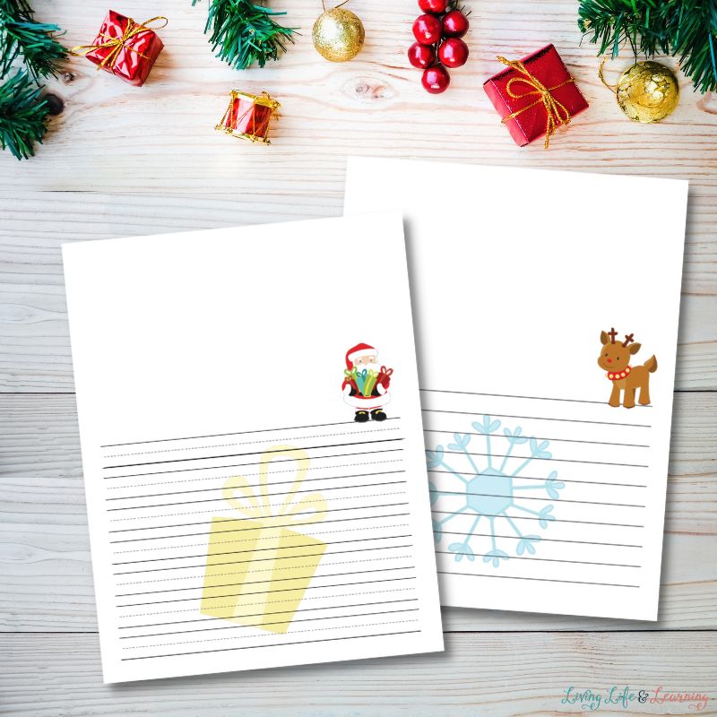There are two notebooking pages in the image. One has a graphic of Santa Clause and the other has a graphic of a reindeer on the top right corner of the writing lines.