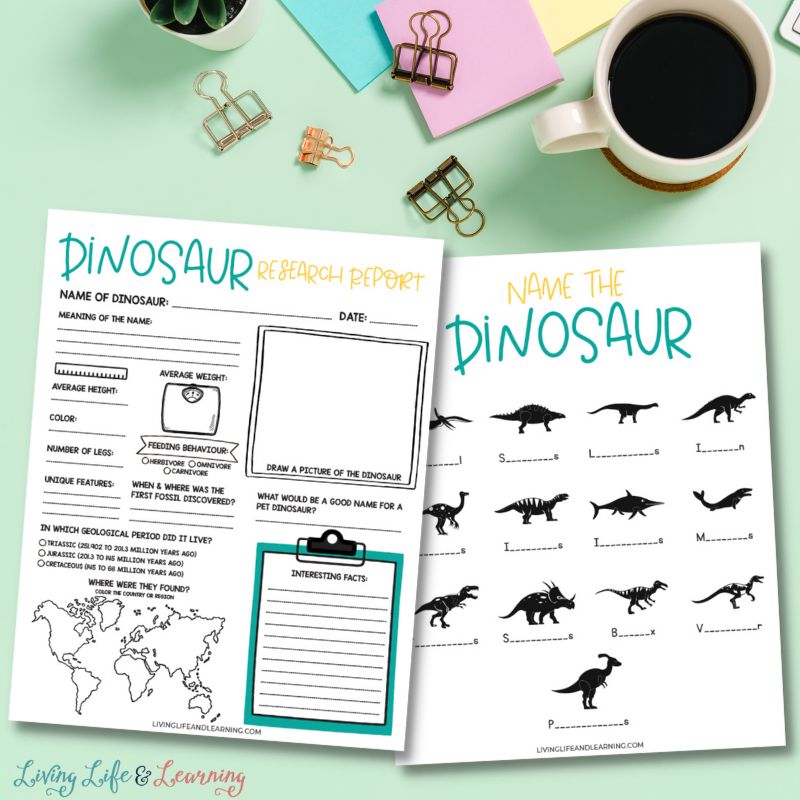 There are two dinosaur research report pages on a mint green table. One page is a blank biodata for a dinosaur and the other is a test page on naming dinosaurs. 