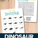 Two pages of Dinosaur Research Report printables are placed on a table. The first image is for naming dinosaurs and the other is for the dinosaur name search page.