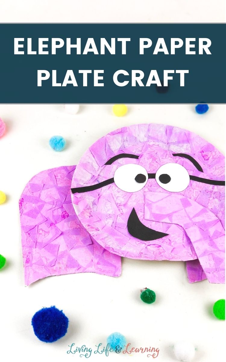 Pink, crepe paper covered paper plate elephant craft on a white backdrop with colorful fuzzy balls surrounding it. On top of the image says Elephant Paper Plate Craft in white bold text on top of a translucent dark blue rectangle.