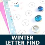 Winter Letter Find Worksheet closeup for finding the letter B. Below the page says Winter Letter Find Worksheets in bold white text on top of an opaque navy blue rectangle.