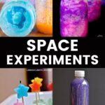Top left panel: sugar crystals in a jar with different colors. Top right panel: galaxy colored liquid in a jar. Bottom left panel: Green kinetic sand with a star on a stick impaled. Bottom right panel: Purple galaxy-themed liquid inside a bottle.