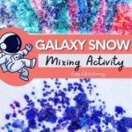 There are two images of the galaxy snow mixing activity. The top image shows the colors added to the snow and is not yet mixed