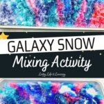There are two images of the galaxy snow mixing activity. The top image shows the colors added to the snow and is not yet mixed