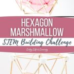 There are two images of marshmallows connected together by toothpicks creating a structure that is placed on pink paper. This is the Hexagon Marshmallow STEM Building Challenge