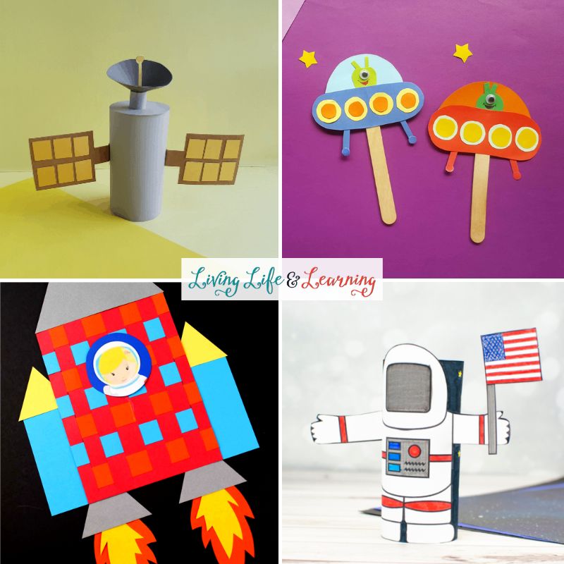 There are four photos of outer space craft ideas. Top left (Toilet paper satellite craft), Top Right (Alien spaceship craft), Bottom left (basket weave rocketship), and bottom right (toilet paper astronaut)