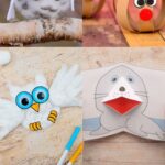 Arctic Animals Preschool Crafts: Top left: Snowy owl made out of an acorn. Top right: Paper ball reindeers. Bottom left: Snowy owl made from cotton with hand-shaped cotton for hands. Bottom right: Seal pop-up card.