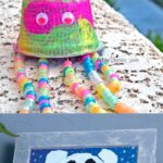 Arctic Animals Preschool Crafts: Top: Paper mache jellyfish with beads for stingers. Bottom: Polar bear painting in a frame.