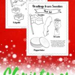 Two coloring sheets overlapping on a red gradient background. Text in the bottom says Christmas Around the World Coloring Pages.