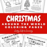 Four coloring sheets are spread across the screen. Text in the middle says Christmas around the world coloring pages on a red opaque rectangle.