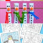 Winter Activities for 1st Grade: Fizzy snowman experiment. Middle: Snowmen craft made from clothespins. Bottom: Coloring worksheets.