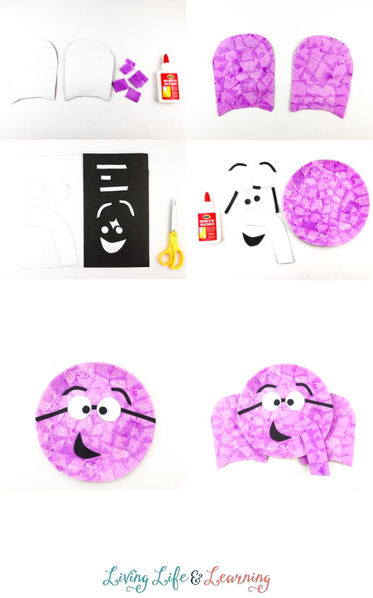 Another set of steps to complete the Elephant Paper Plate Craft. On the first panel, two cardboard papers cut and glued with pink crepe paper. Then make the facial features by cutting black paper, and cut white paper for the trunk.
Glue everything respectively to the pink paper plate.
