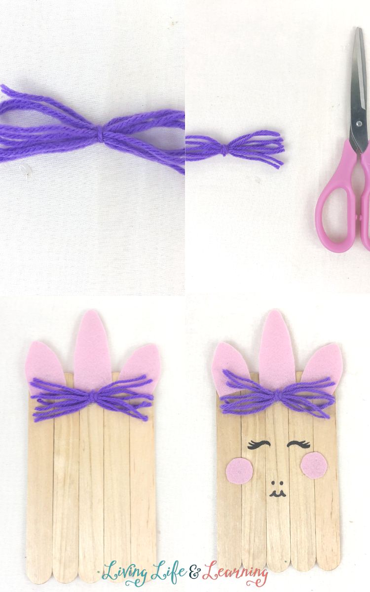 Top left panel: Purple yarn tied together like a ribbon.
Top right panel: The ends of the tied yarn are cut for the unicorn's mane.
Bottom left panel: The pink ears, horn and purple yarn are glued on top of the fence-like popsicle sticks.
Bottom right panel: Facial features are drawn using a black marker, and the two small circles are glued for the blush.