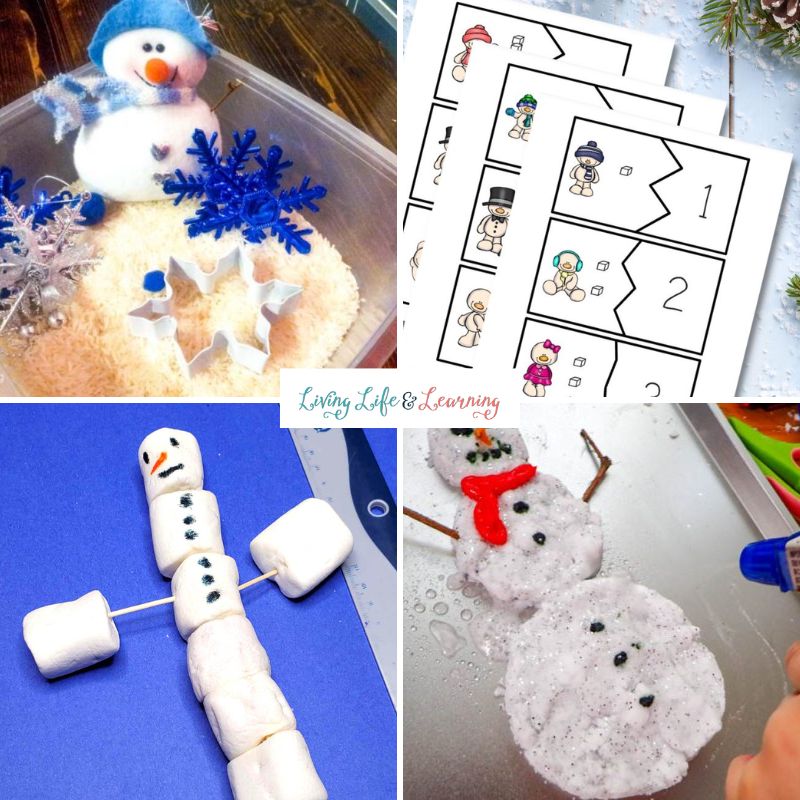 Cool Snowman Activities for Kids: 4 panels of different snowman activities.