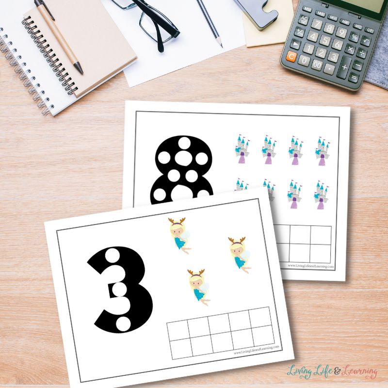 Two overlapped Winter Fairies Counting Mat worksheets on a mockup table. Worksheets contain numbers 8 and 3 with 8 castles and 3 fairies.