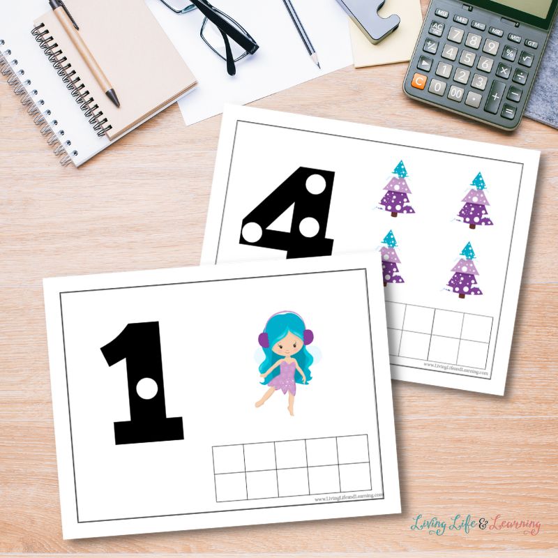 Two overlapped Winter Fairies Counting Mat worksheets on a mockup table. Worksheets contain numbers 4 and 1 with 4 pine trees and 1 fairy.