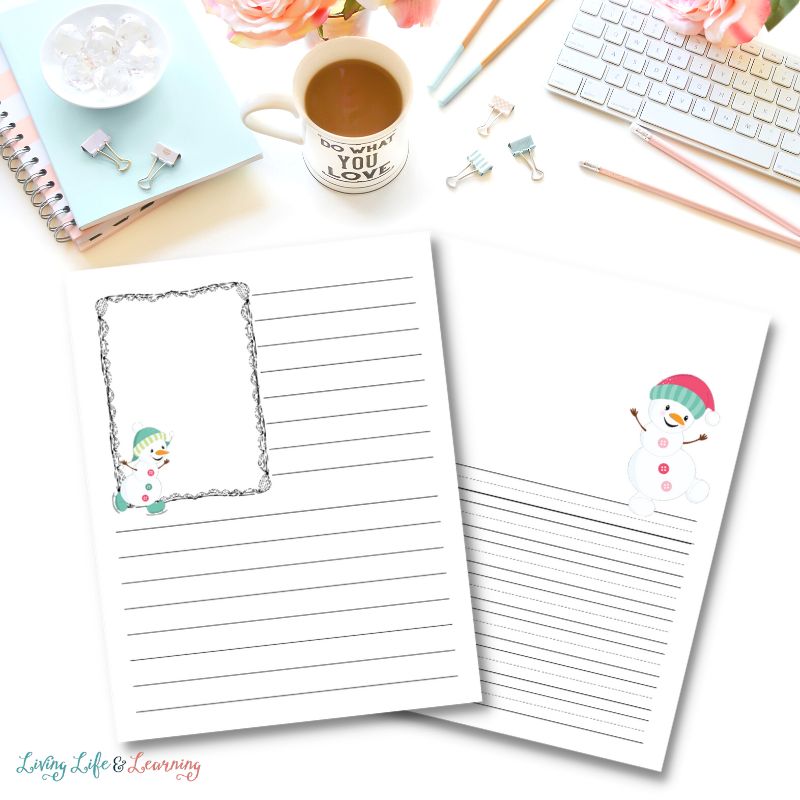 Winter Notebooking Pages: Two winter-themed notebooking pages overlapping each other on a desk mockup background.
