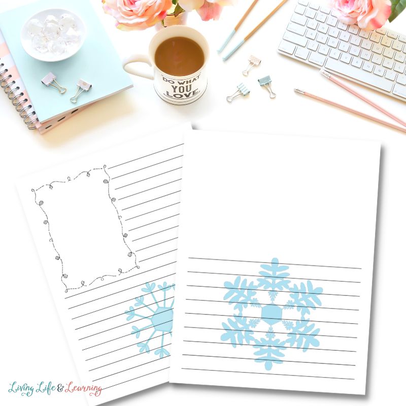 Winter Notebooking Pages: Two winter-themed notebooking pages overlapping each other on a desk mockup background.