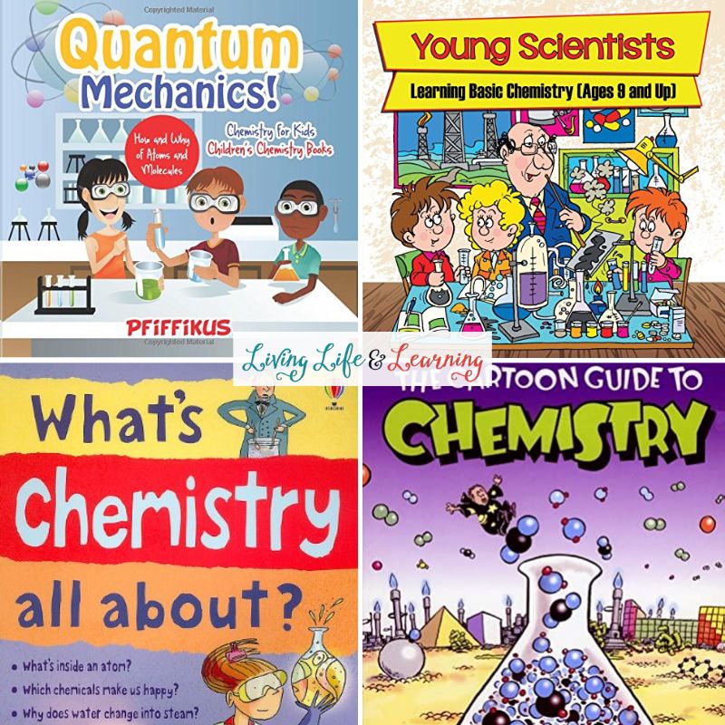 There are four images of Chemistry Books Kids will Love. Quantum Mechanics (Top Left), Young Scientists (Top Right), What's Chemistry all about? (Bottom left) and The cartoon guide to chemistry (bottom right)