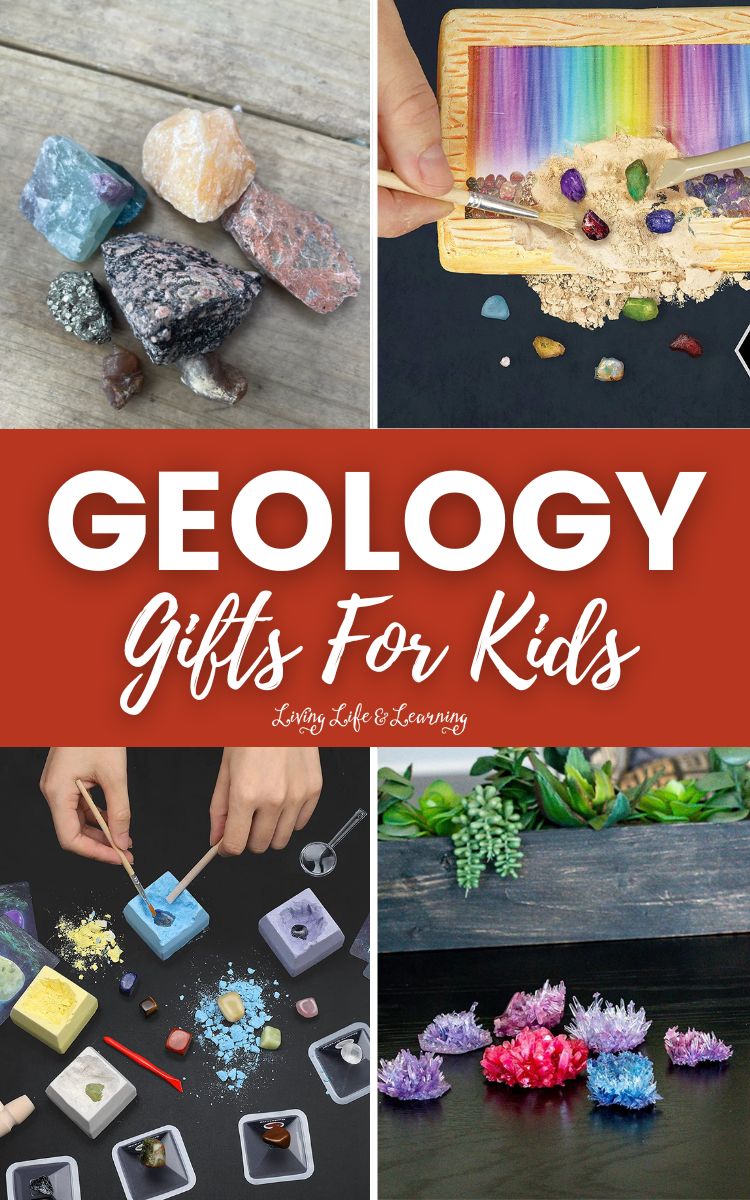 Geology Gifts for Kids: 4 panels of different geology-themed gifts for kids