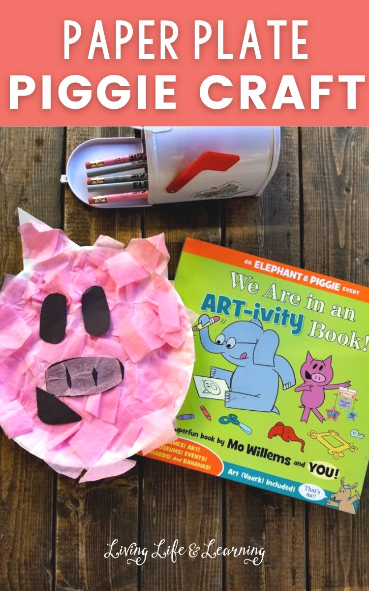 Piggie Paper Plate Craft: A pink Piggie paper plate craft beside an Elephant and Piggie book.
