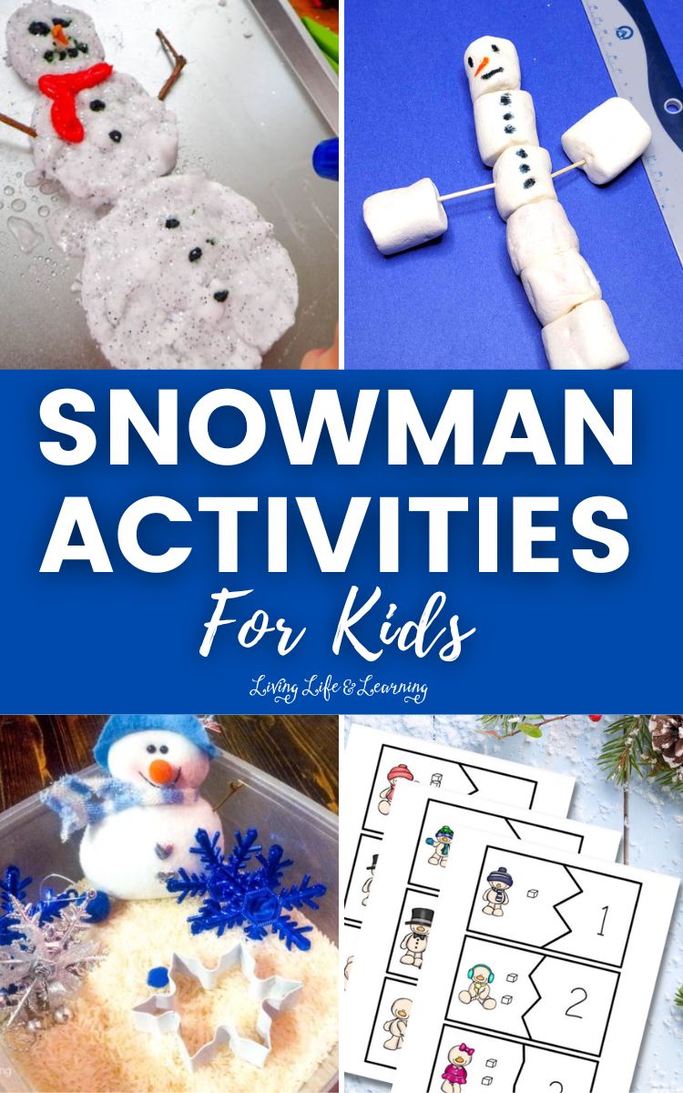 Cool Snowman Activities for Kids: 4 panels of different snowman activities.