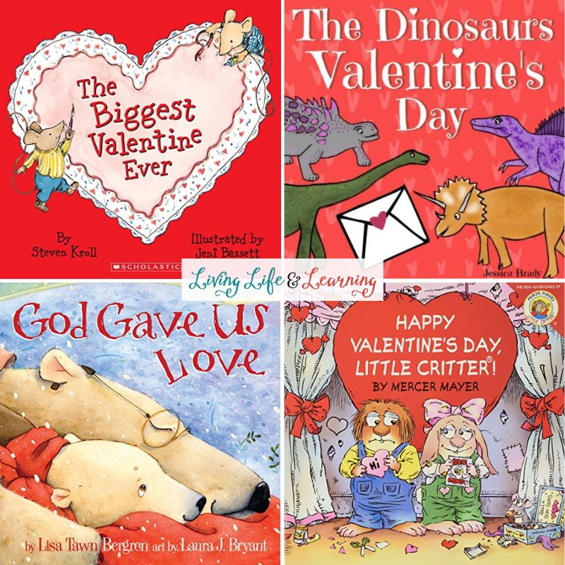 There are four Valentine Books for Preschool in the image. The Biggest Valentine Ever (Top left), The Dinosaurs Valentine's Day (Top Right), God Gave Us Love (Bottome Left), and Happy Valentine's Day Little Critter
