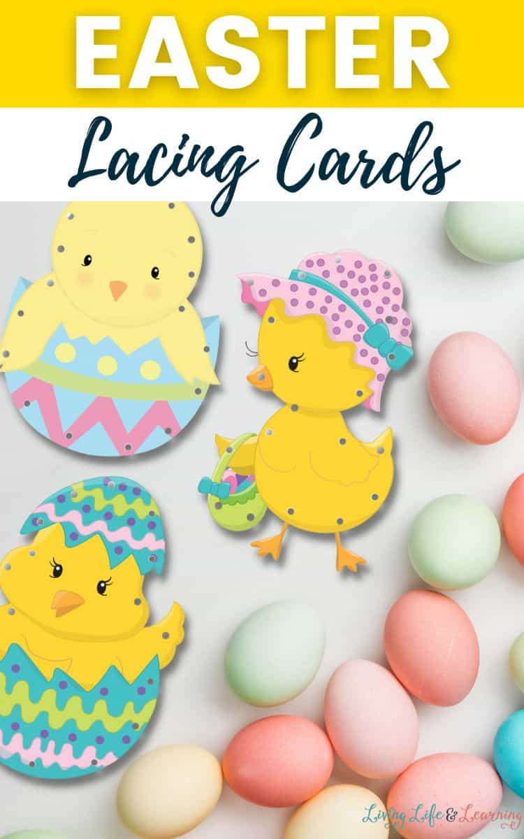 There are three Easter Lacing Cards placed on a table with eggs.