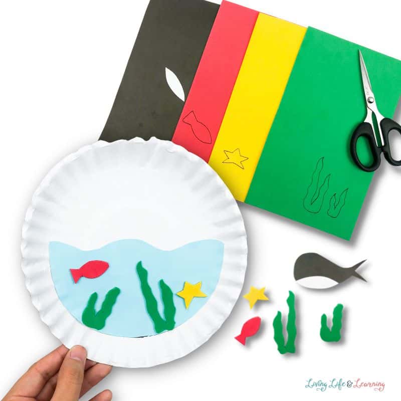 Whales and other sea creature cutouts for whale paper plate craft
