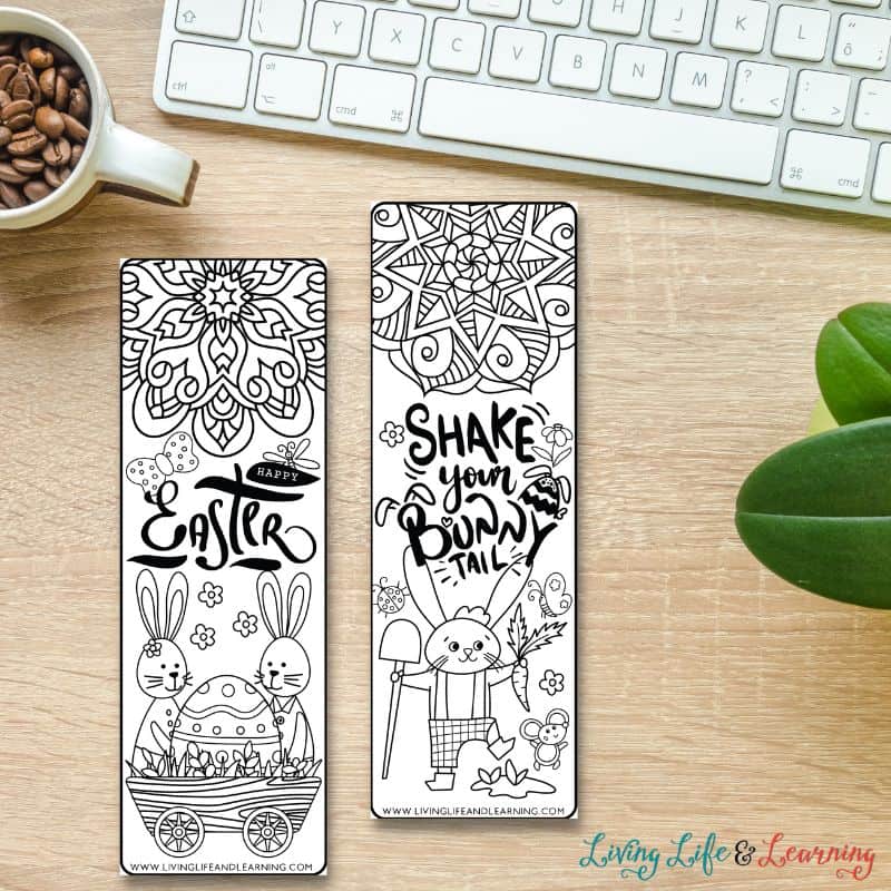 Two Easter Bookmarks Printable on a table.