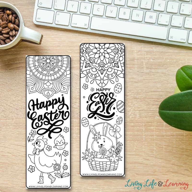 Two Easter Bookmarks Printable on a table.