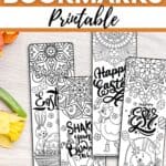 There are four Easter Bookmarks Printable on a table.