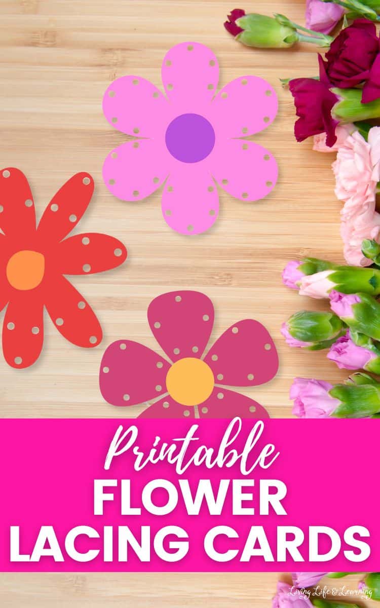 Three Printable Flower Lacing Cards on a table