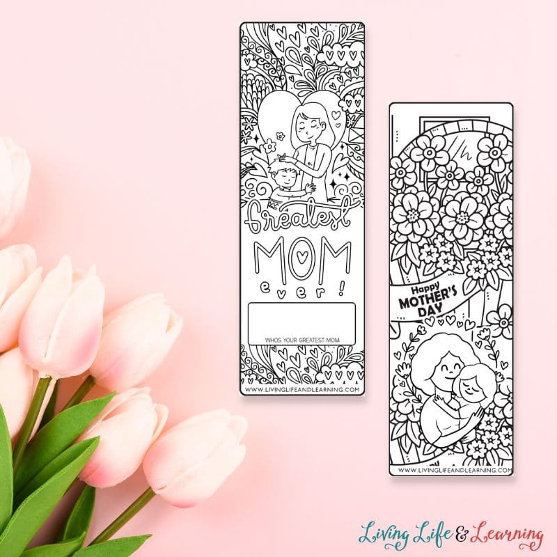 Two Mother's Day Printable Bookmarks on a table