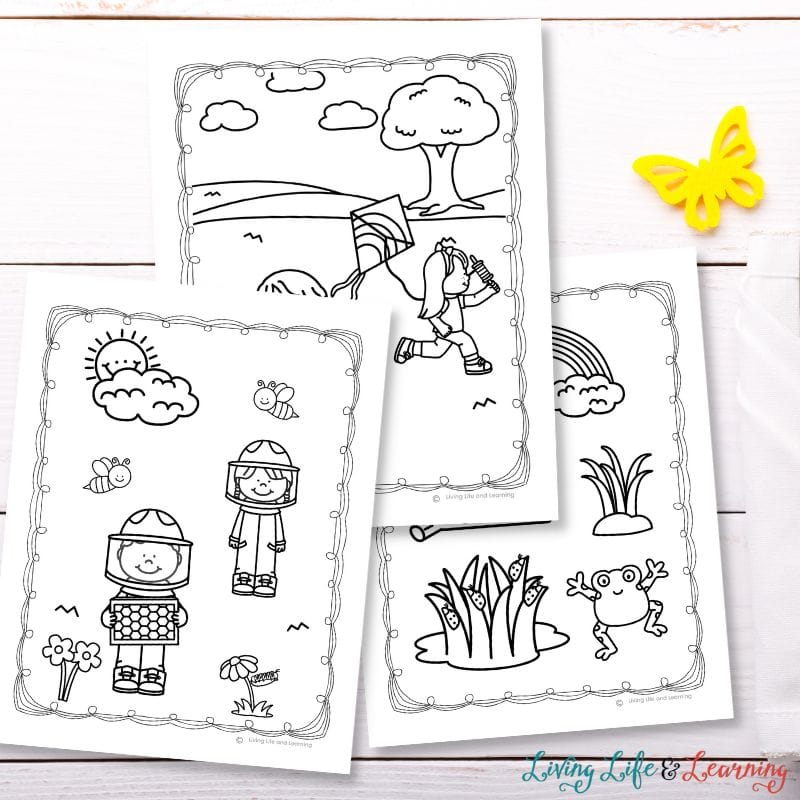 Three Spring Printable Coloring Pages on a table