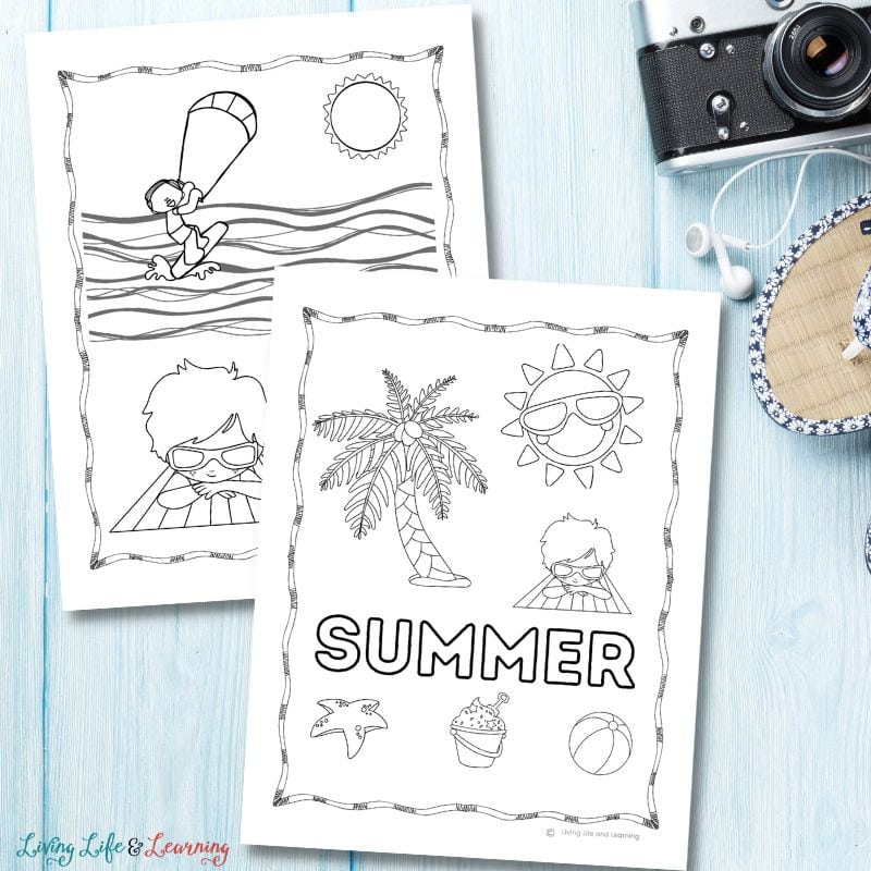 Two Summer Printable Coloring Pages on a table