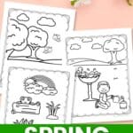 Three Spring Printable Coloring Pages on a table