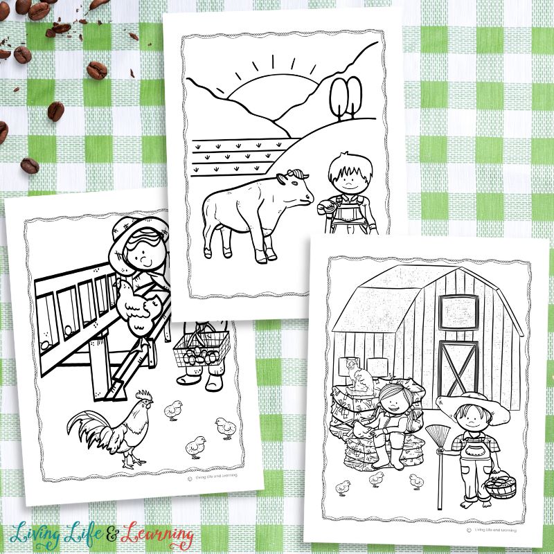 Three Farm Coloring Pages on a green checkered table