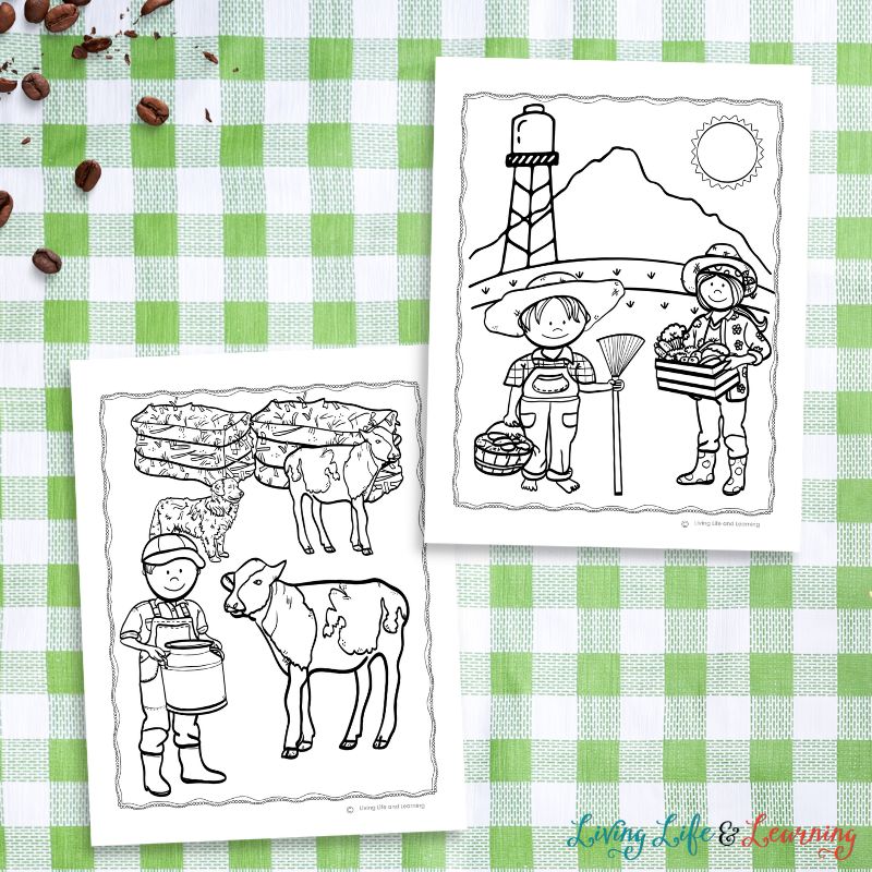 Two Farm Coloring Pages on a green checkered table