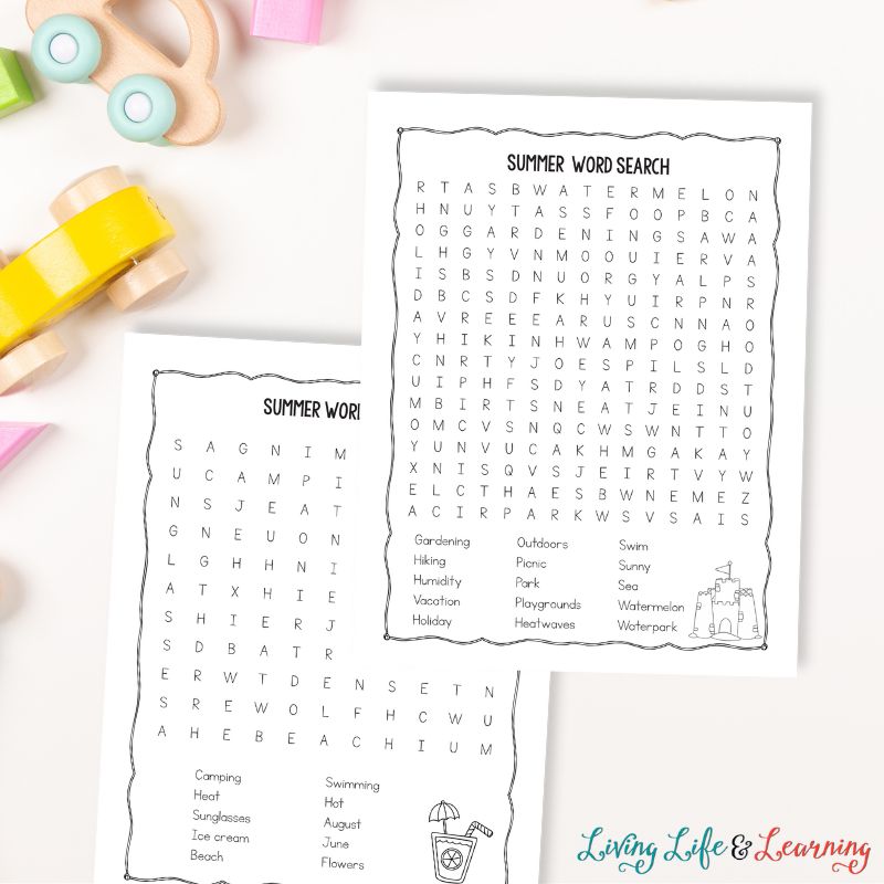 Two Summer Word Search Printables on a table
