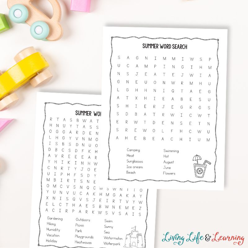 Two Summer Word Search Printables on a table