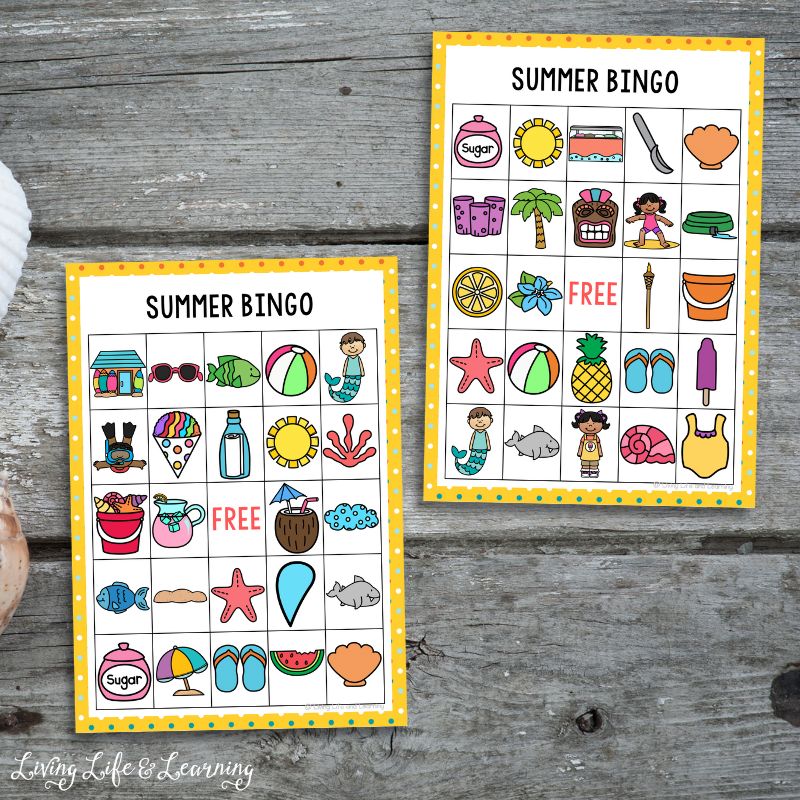 Two Summer Bingo Printables on a table