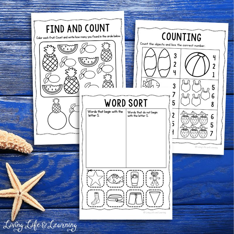 Three Summer Worksheets for Kindergarten on a table
