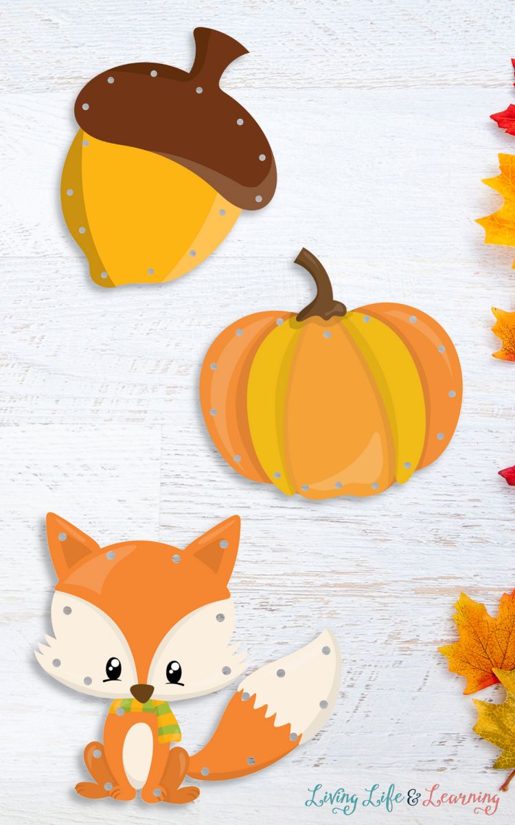 Three Fall Animals Lacing Cards on a table