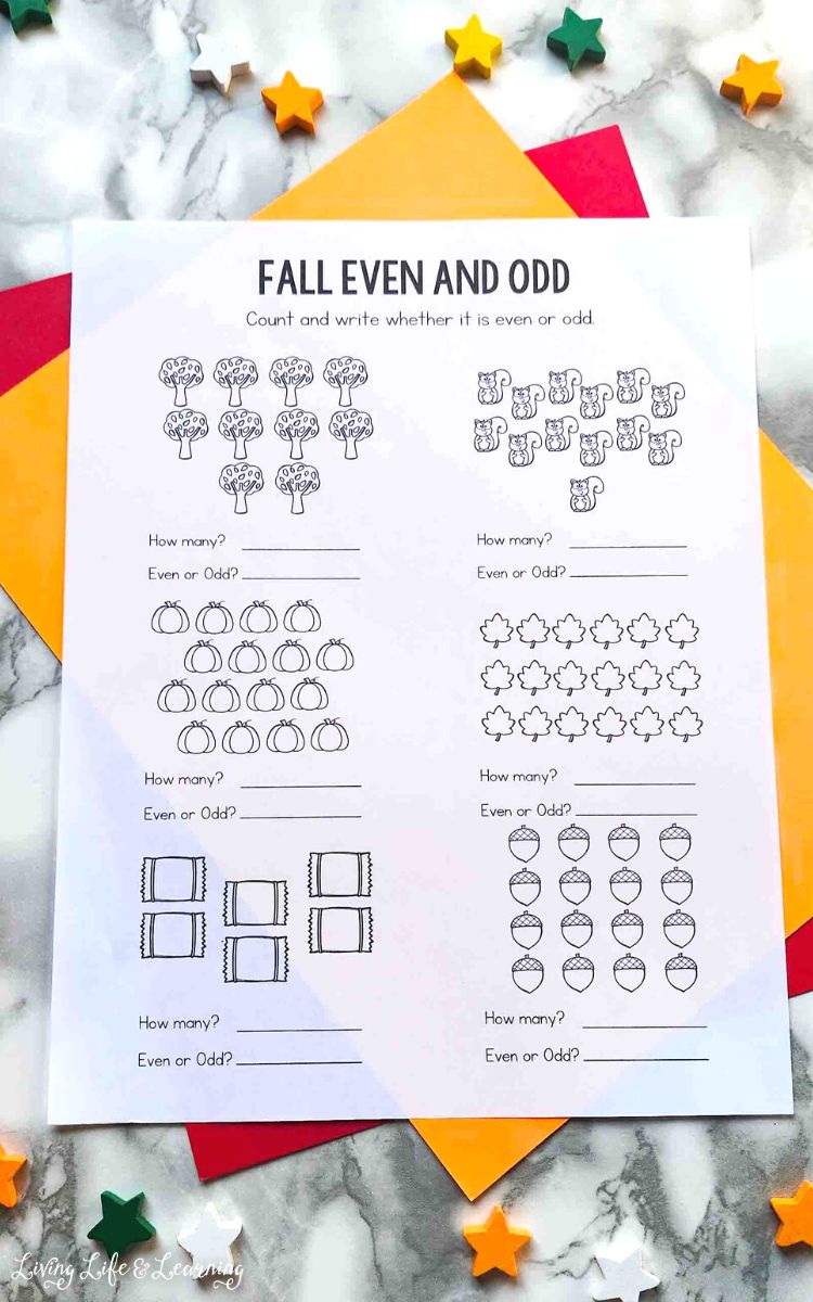 Fall Even and Odd Fall Math Worksheets on a table