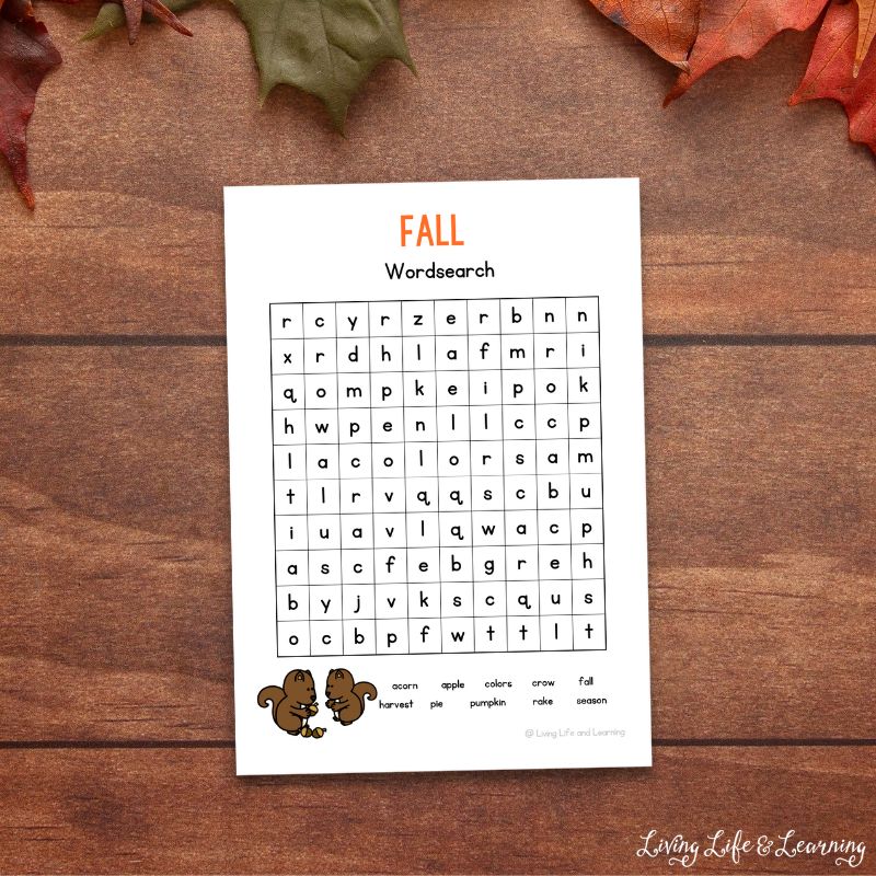 Fall Word Search Printable on a table