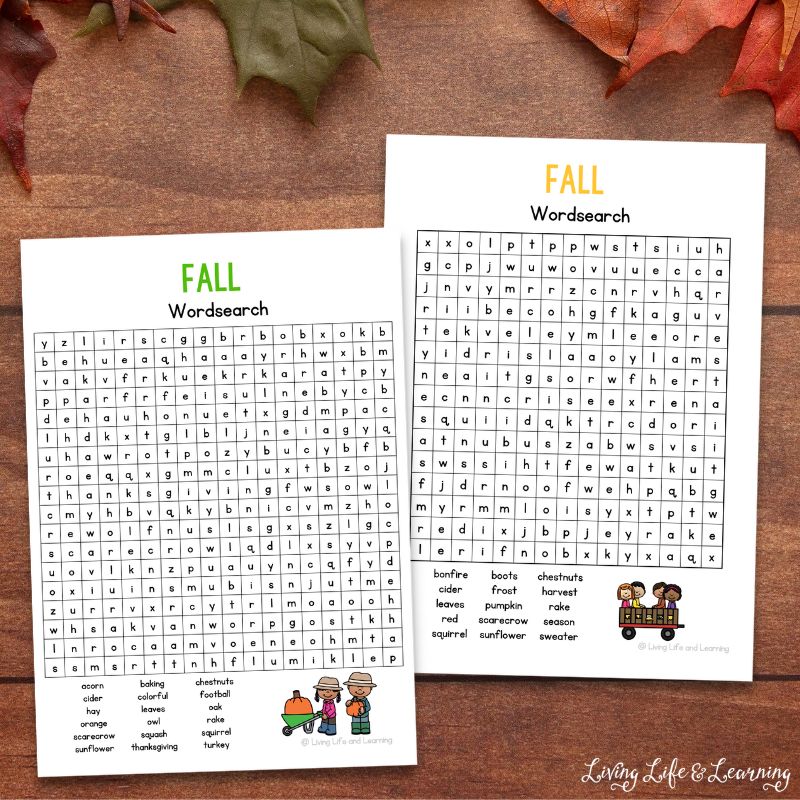 Two Fall Word Search Printables on a table