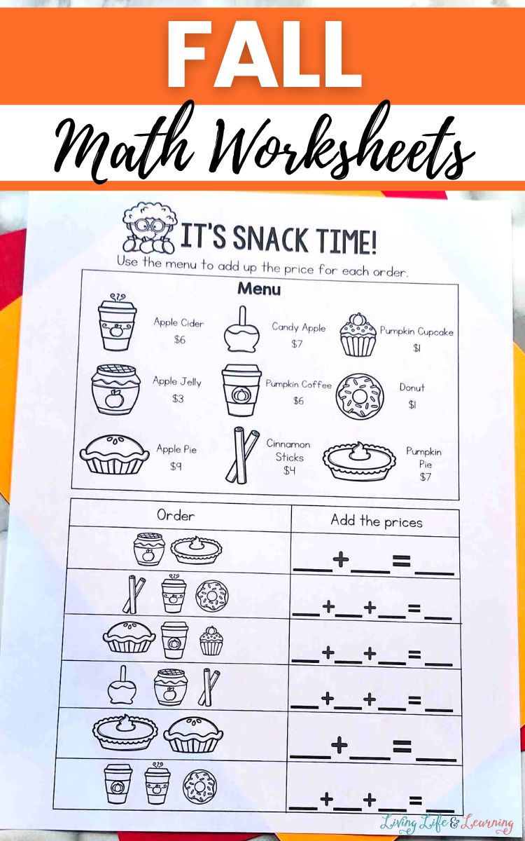 It's Snack Time Fall Math Worksheets on a table