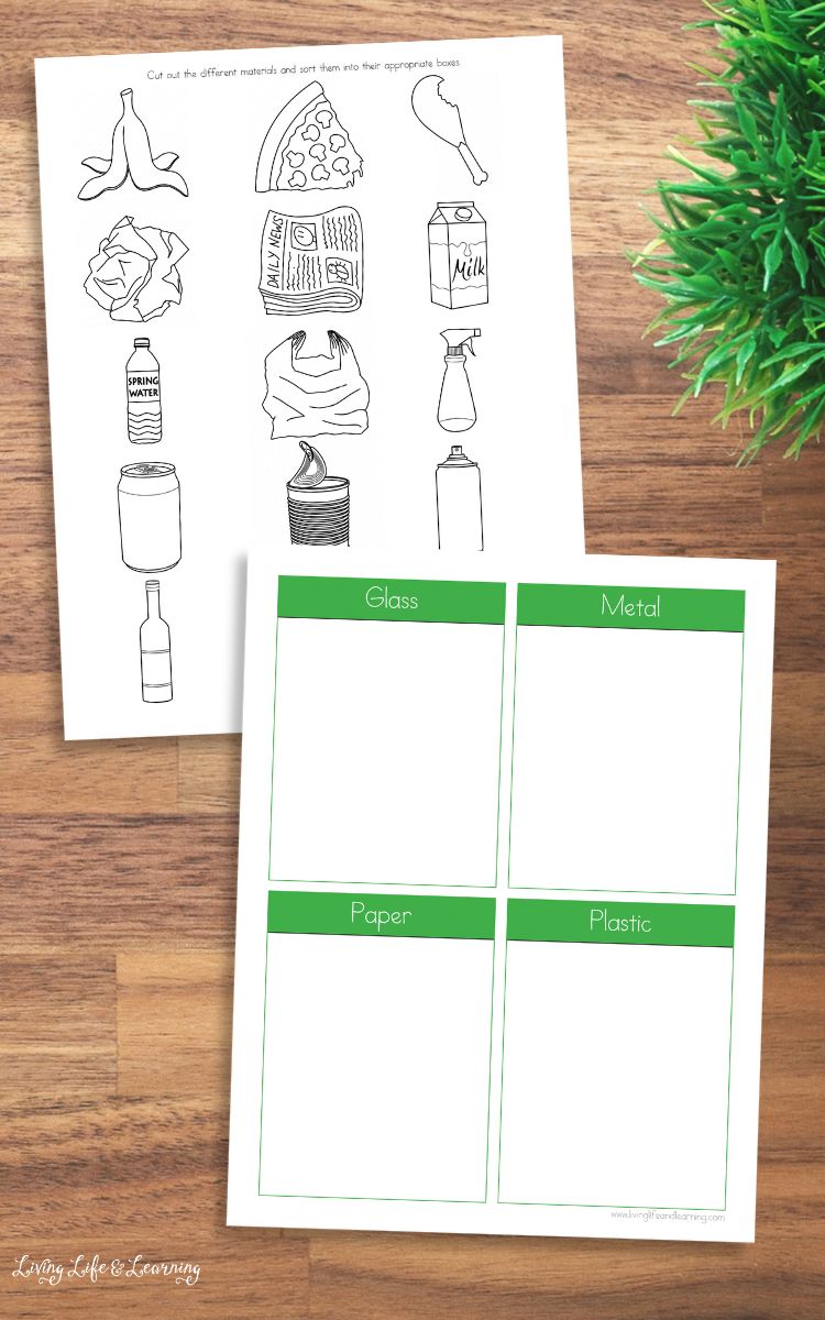 Two Sort Your Recycling Worksheets on a table