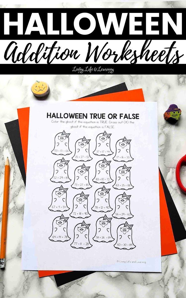 A Halloween Addition Worksheet on a table